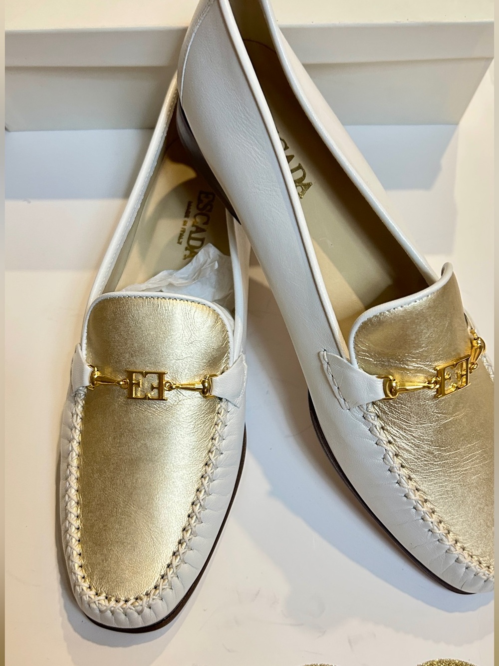 Vintage Escada white and gold Mocassins